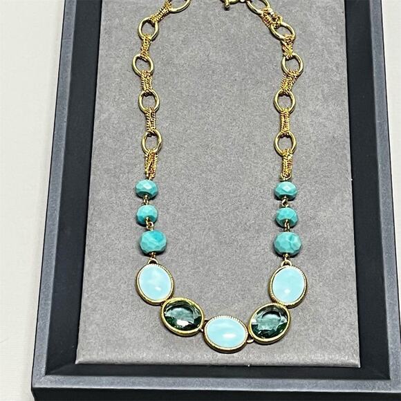 Monet Gold Tone Aqua Cabochon Beaded Necklace 18” Toggle Statement - Picture 1 of 8